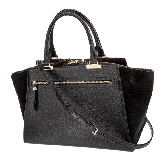 Henri Bendel Black Suede & Leather Tote Bag with Gold-Toned Hardware - Picture 2 of 3